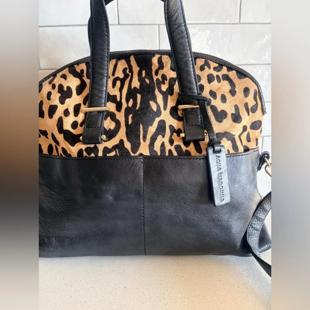 Aqua Madonna Large Cowhide w/ Fur Animal Print Shoulder Tote Bag - Picture 2 of 10